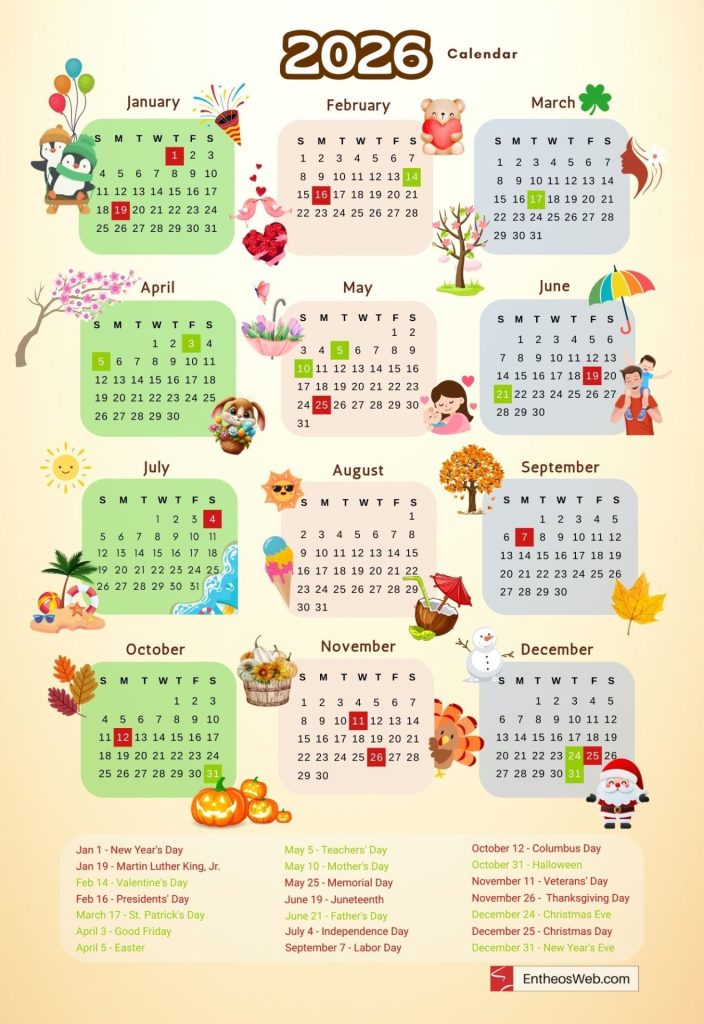 2026 Printable Calendar with Holidays and Observances (Full Year