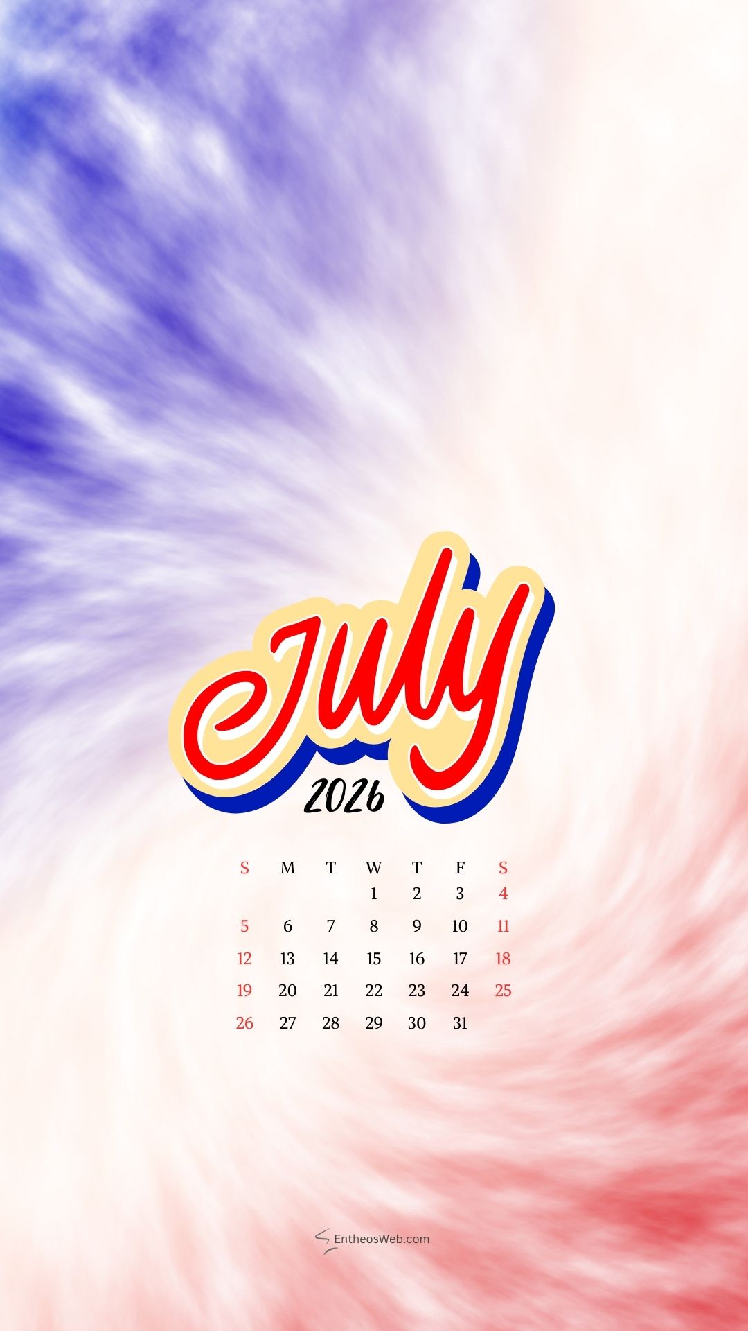 Red and Blue July 2026 Phone Wallpaper Calendar | July 2026 Phone Wallpaper Calendar | Entheosweb July 2026 phone wallpaper calendar