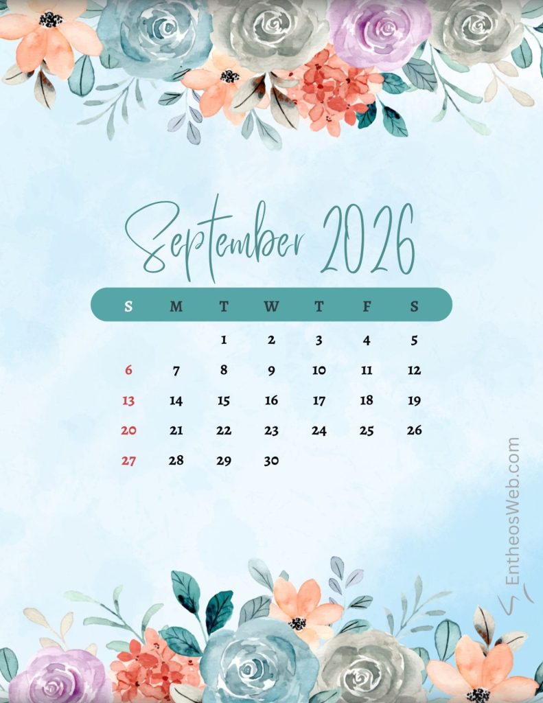 Calendar page for september 2026 with teal weekday pill and floral border on top and bottom September 2026 floral blue printable calendar