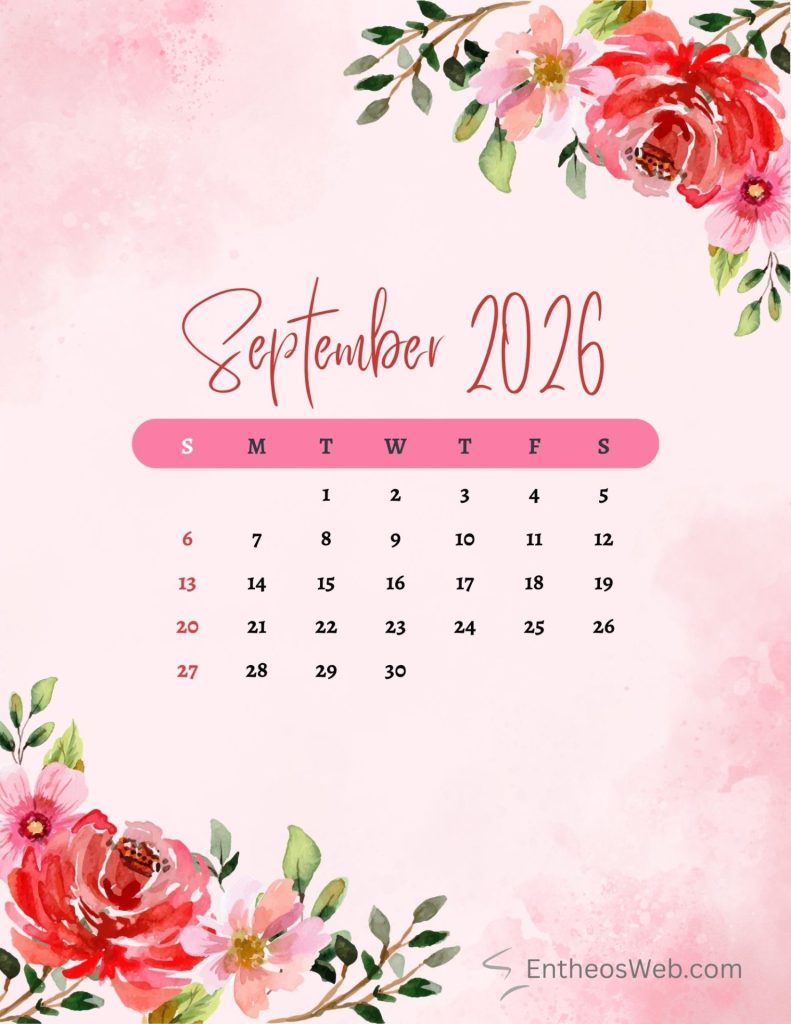 September 2026 calendar on a pink floral background with a pink rounded bar showing weekdays s m t w t f s and dates beneath september 2026 floral pink printable calendar