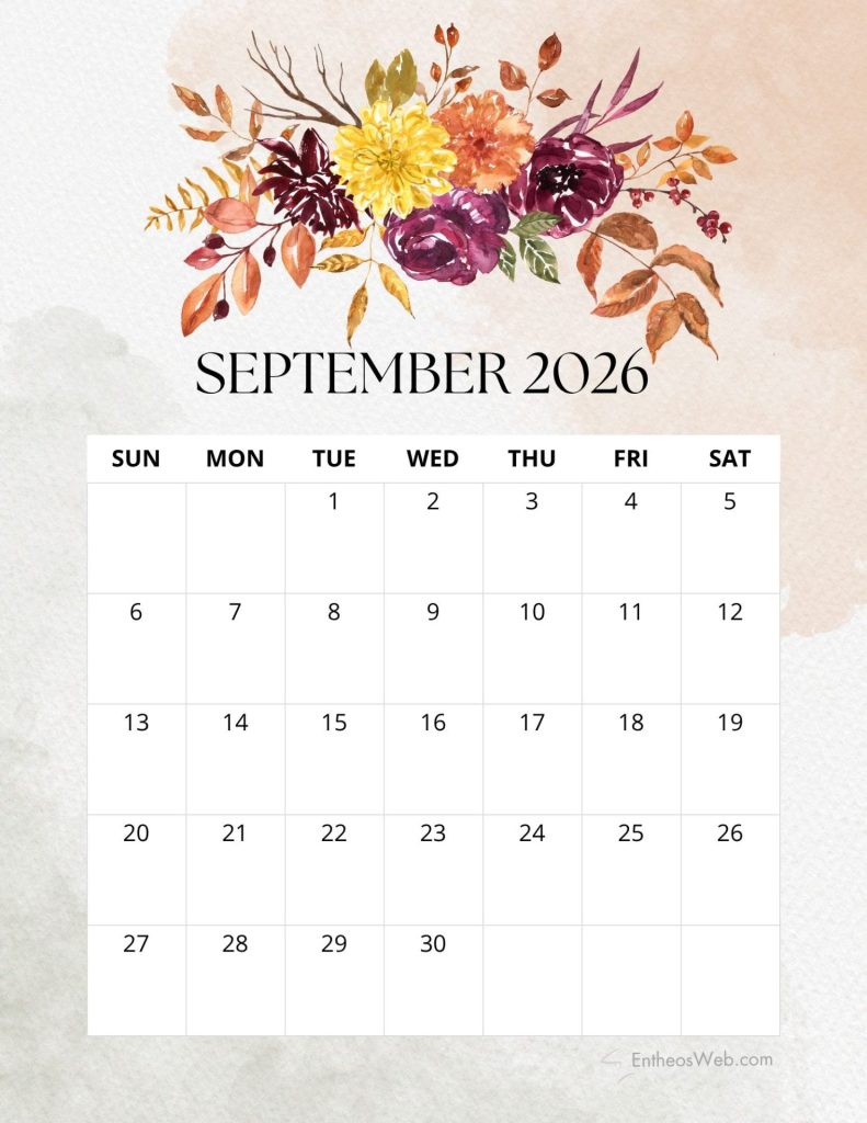 September 2026 floral printable calendar