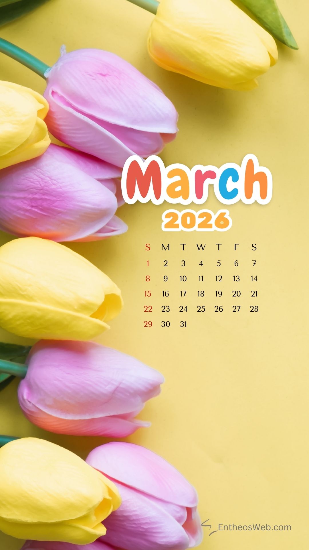 Tulips march 2026 phone wallpaper | march calendar wallpaper and screensavers for phones 2026 | entheosweb March 2026 calendar phone wallpaper tulips