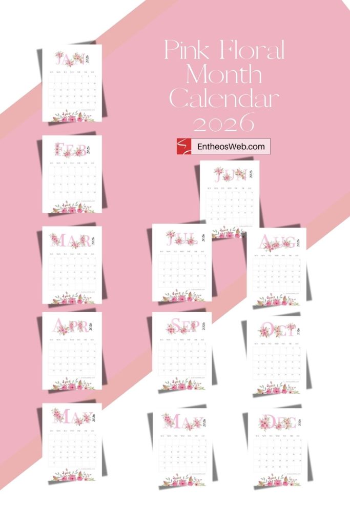 Vertical pink floral month calendar 2026 pintrest pin