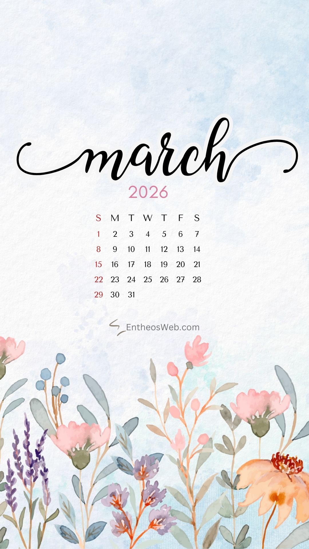 Watercolor flowers march 2026 phone wallpaper by entheosweb | march calendar wallpaper and screensavers for phones 2026 | entheosweb March 2026 calendar phone wallpaper