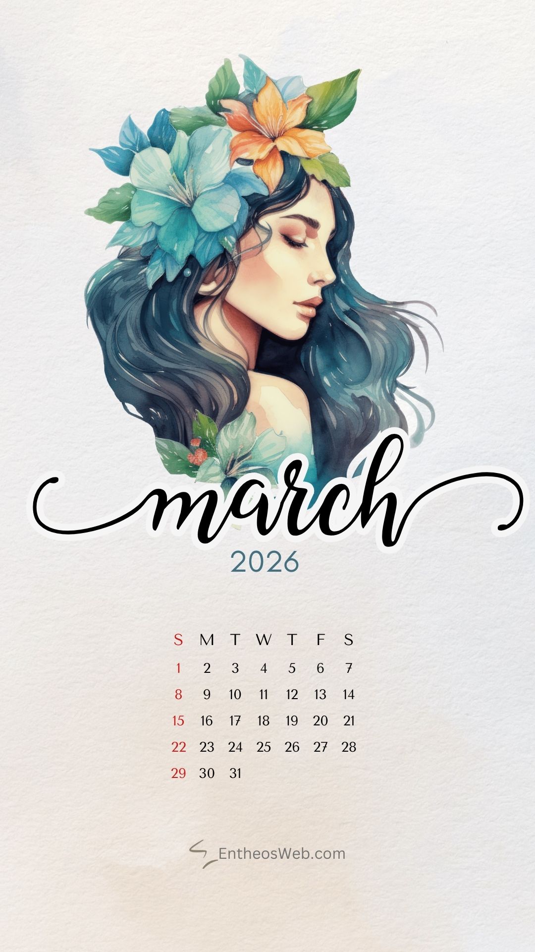 Woman with long flowing hair with flowers march 2026 phone wallpaper by entheosweb | march calendar wallpaper and screensavers for phones 2026 | entheosweb March 2026 calendar phone wallpaper woman
