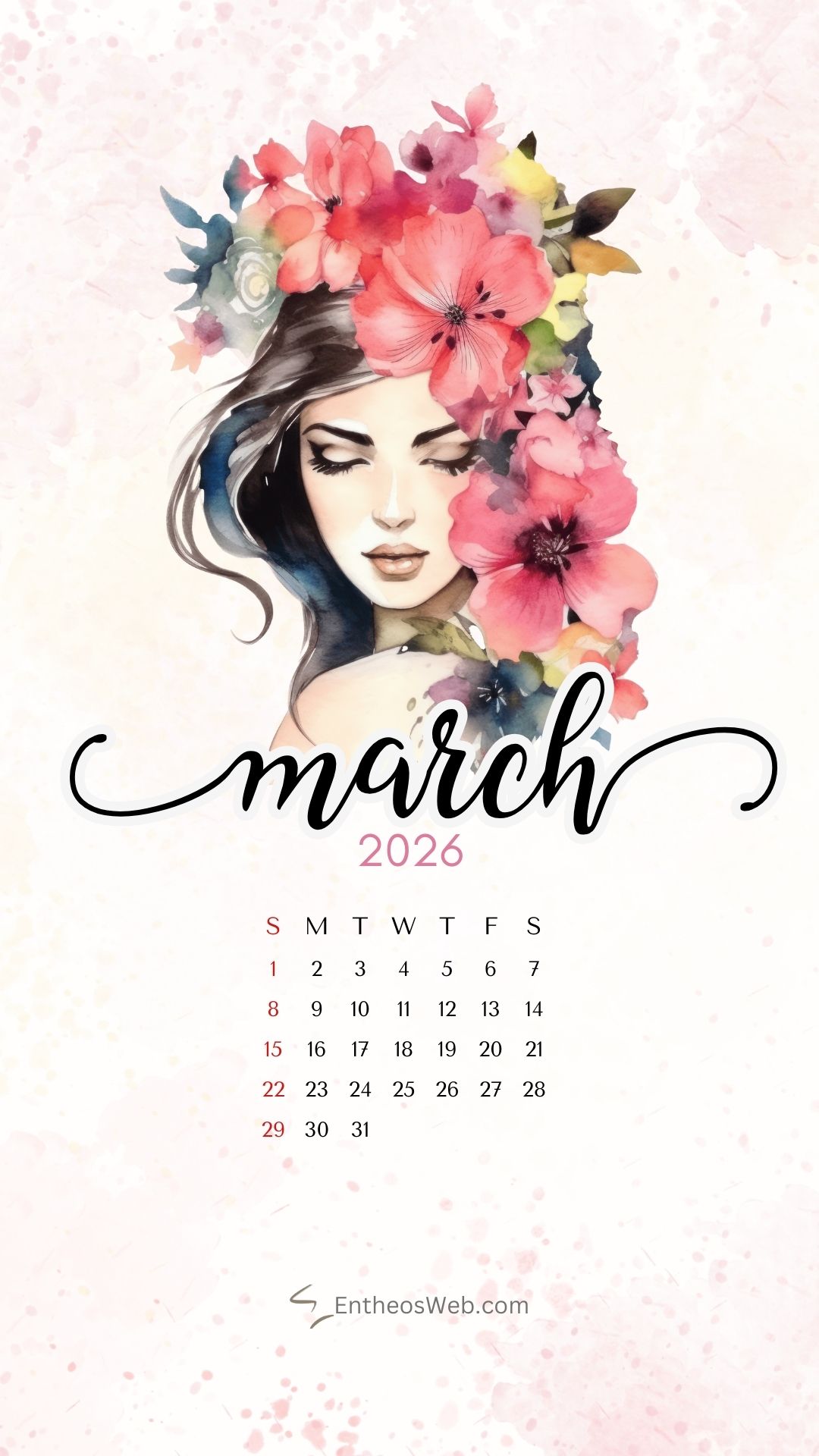 Womens day march 2026 phone wallpaper by entheosweb | march calendar wallpaper and screensavers for phones 2026 | entheosweb March 2026 calendar phone wallpaper woman with flowers on hair