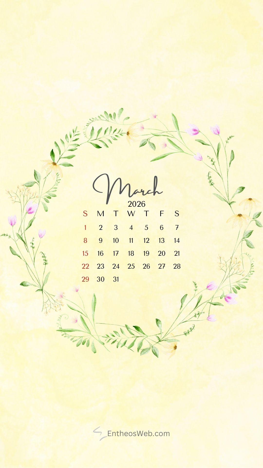 Yellow background march 2026 floral wreath phone wallpaper | march calendar wallpaper and screensavers for phones 2026 | entheosweb March 2026 calendar phone wallpaper