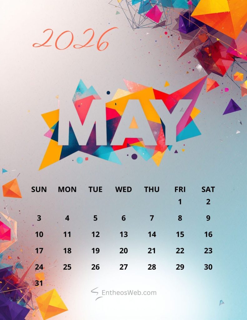 May 2016 calendar page with bold colorful geometric artwork and a sunday to saturday grid 2026 may colorful abstract gemetric printable calendar