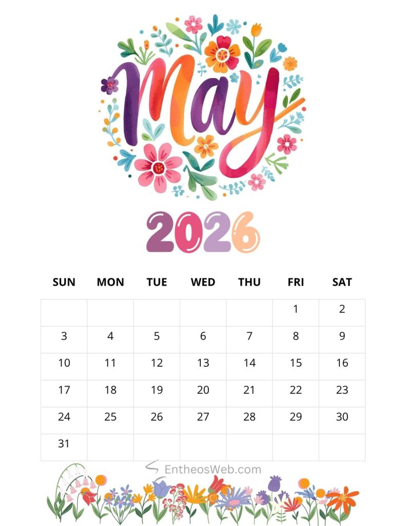 Decorative may 2026 calendar with a colorful floral wreath and days sunsat below 2026 may colorful floral watercolor printable calendar