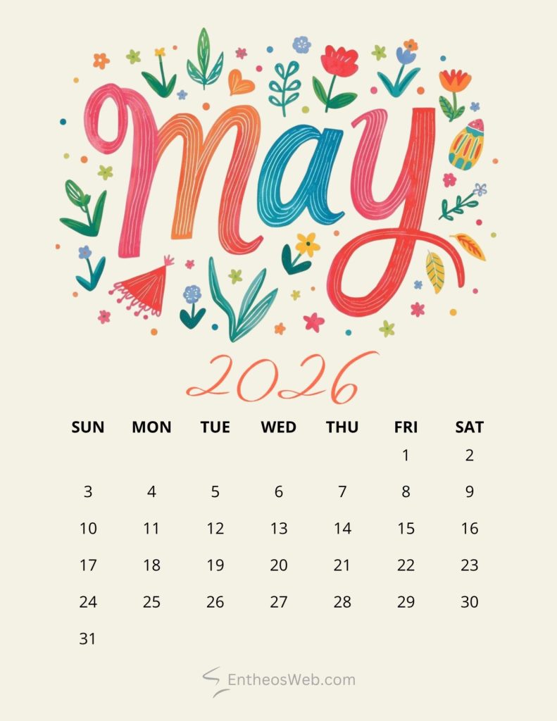 May 2026 calendar page with a colorful floral illustration at the top and days of the week sunsat with dates 131 2026 may colorful with flowers printable calendar