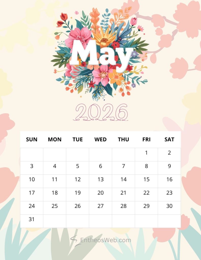 Decorative may 2026 calendar with a colorful floral bouquet centerpiece on a pale background 2026 may floral background printable calendar