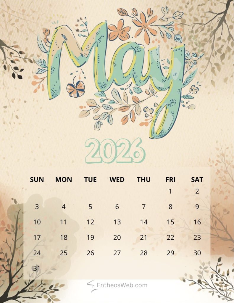 Decorative may 2026 calendar page with floral artwork and a grid of days below the week row 2026 may floral brown printable calendar