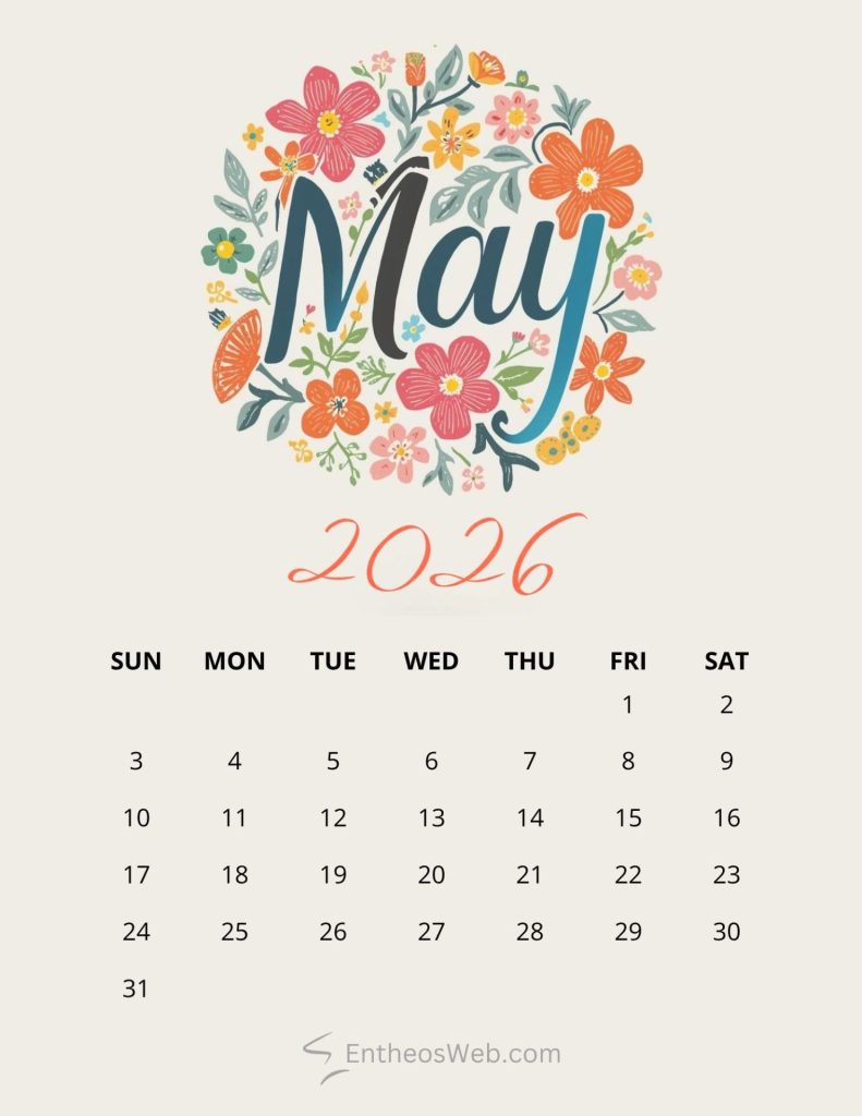 May 2026 calendar page featuring a colorful floral circular design above the dates The grid shows days from sunday to saturday for may 2026 2026 may floral printable calendar