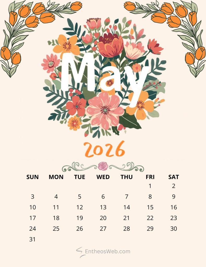 Decorative may 2026 calendar page with a colorful floral bouquet centerpiece and a light beige background calendar grid below 2026 may flowers borders printable calendar