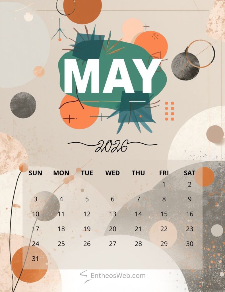 Abstract may 2026 calendar page with geometric shapes and a grid of days sunsat 2026 may geometric circles printable calendar