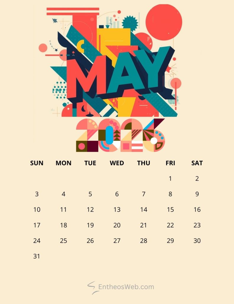 Abstract colorful may calendar page with bold may artwork days sunsat and date grid below 2026 may geometric colourfull printable calendar
