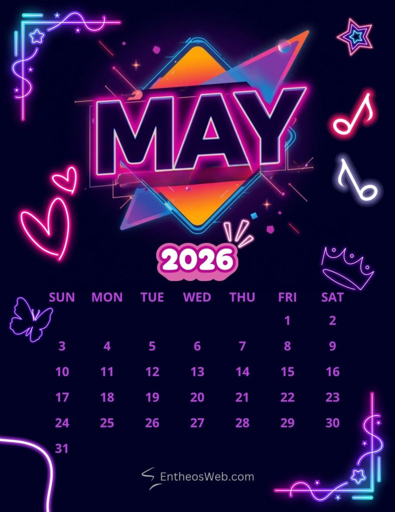 Neon may 2026 calendar page with days of week and numbered dates in bright pinkpurple hues decorative shapes around 2026 may neon geometric printable calendar