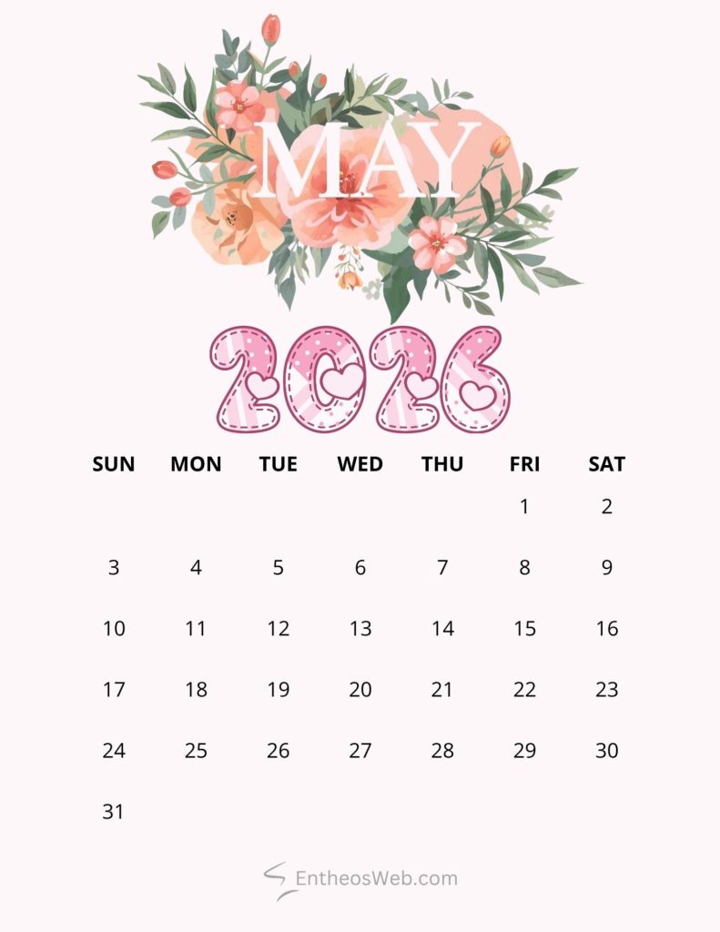 May 2026 calendar page with a pink floral bouquet and the word may above a 2026 date grid showing sunsat 2026 may peach flowers printable calendar