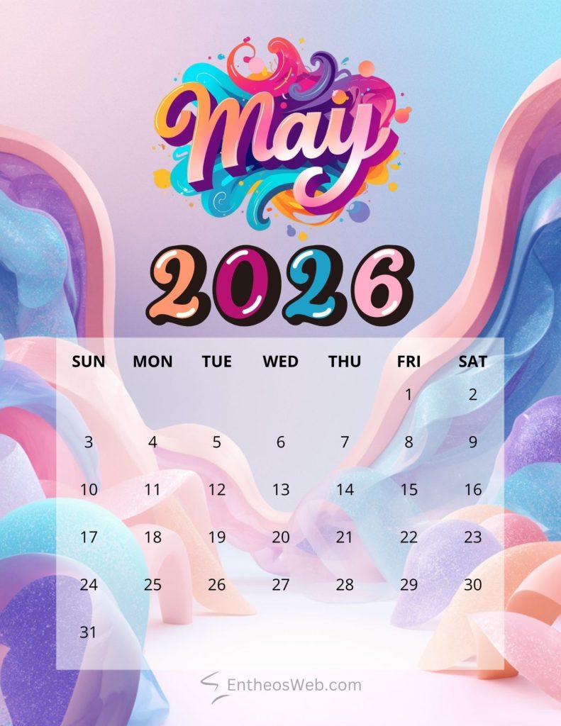 Colorful may 2026 calendar page with a decorative swirly may logo and a transparent grid of dates 2026 may wavy abstract printable calendar