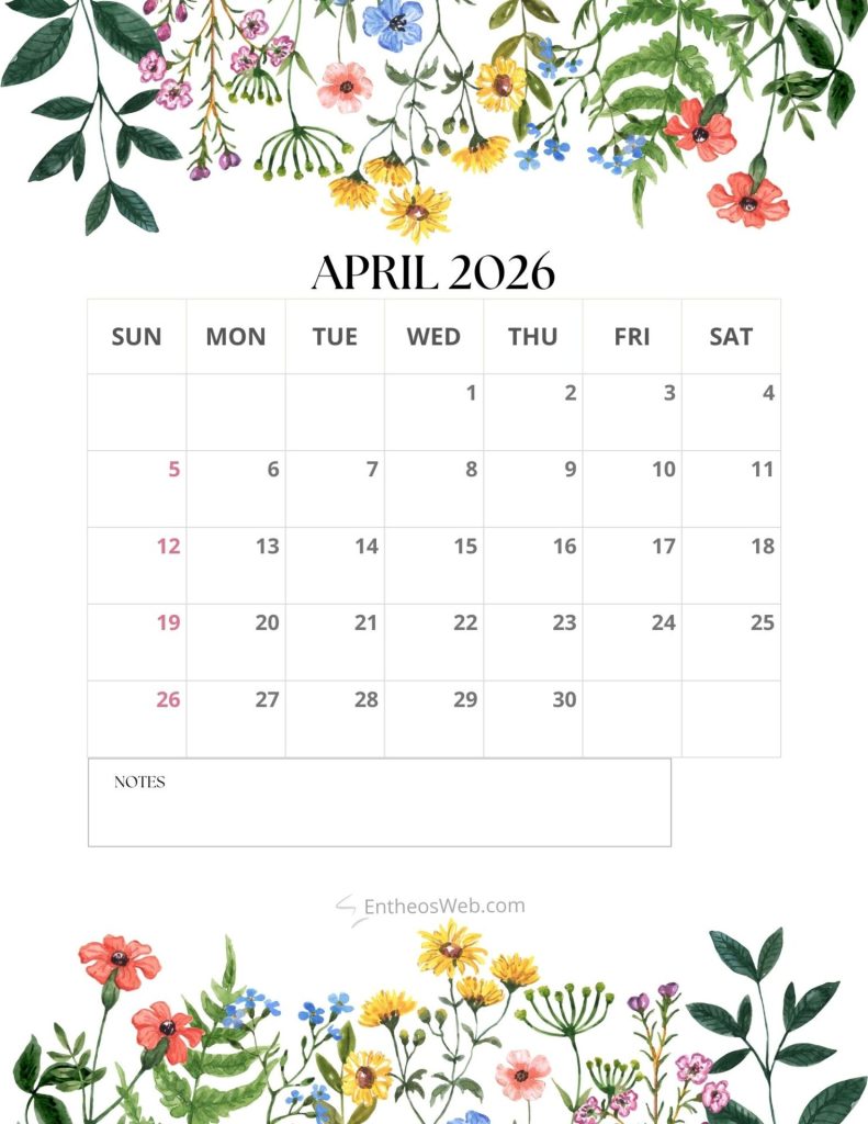 April 2026 printable calendar