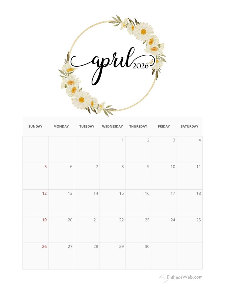 April 2026 printable calendar