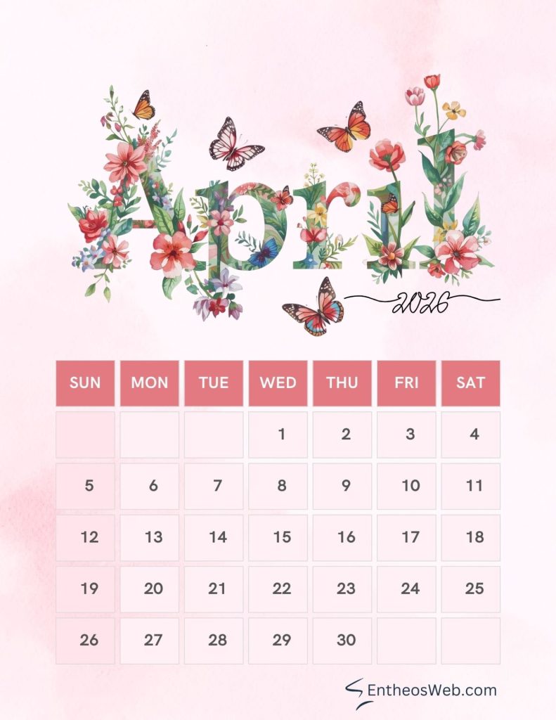 April calendar butterflies and flowers 2026