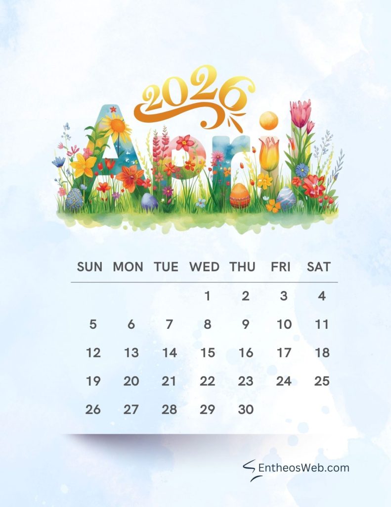 April calendar spring flowers and easter eggs 2026