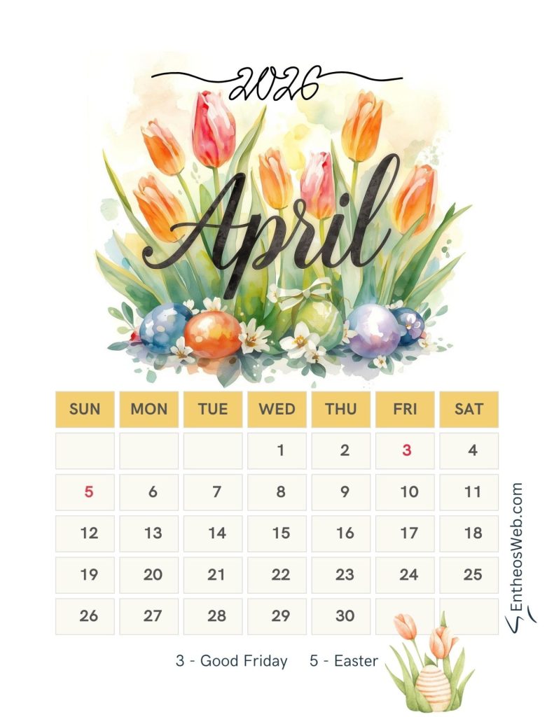 April 2026 calendar printable with tulips and easter eggs