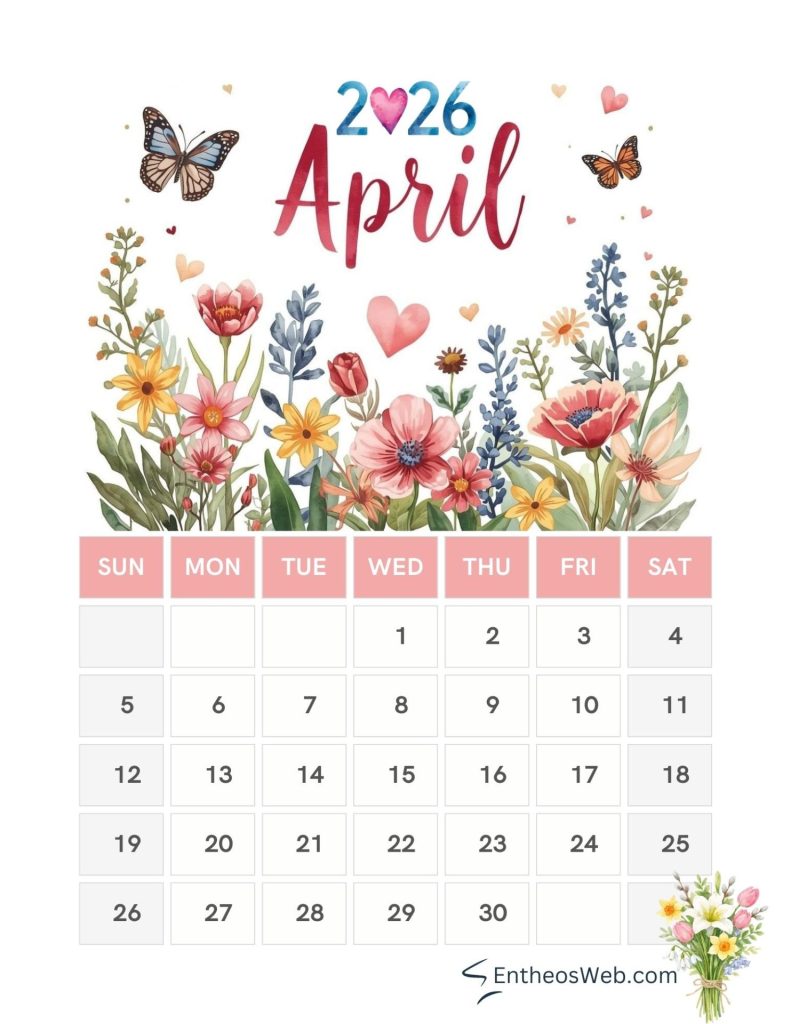 April floral calendar with butterflies and hearts 2026