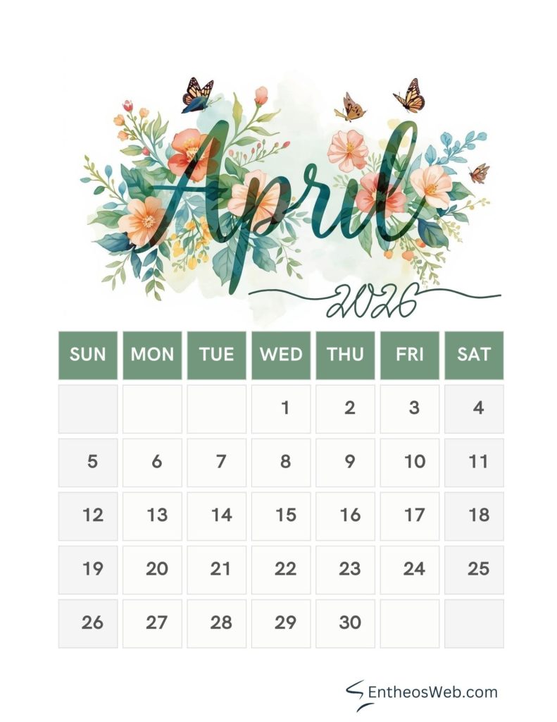 April printable 2026 calendar flowers and butterflies