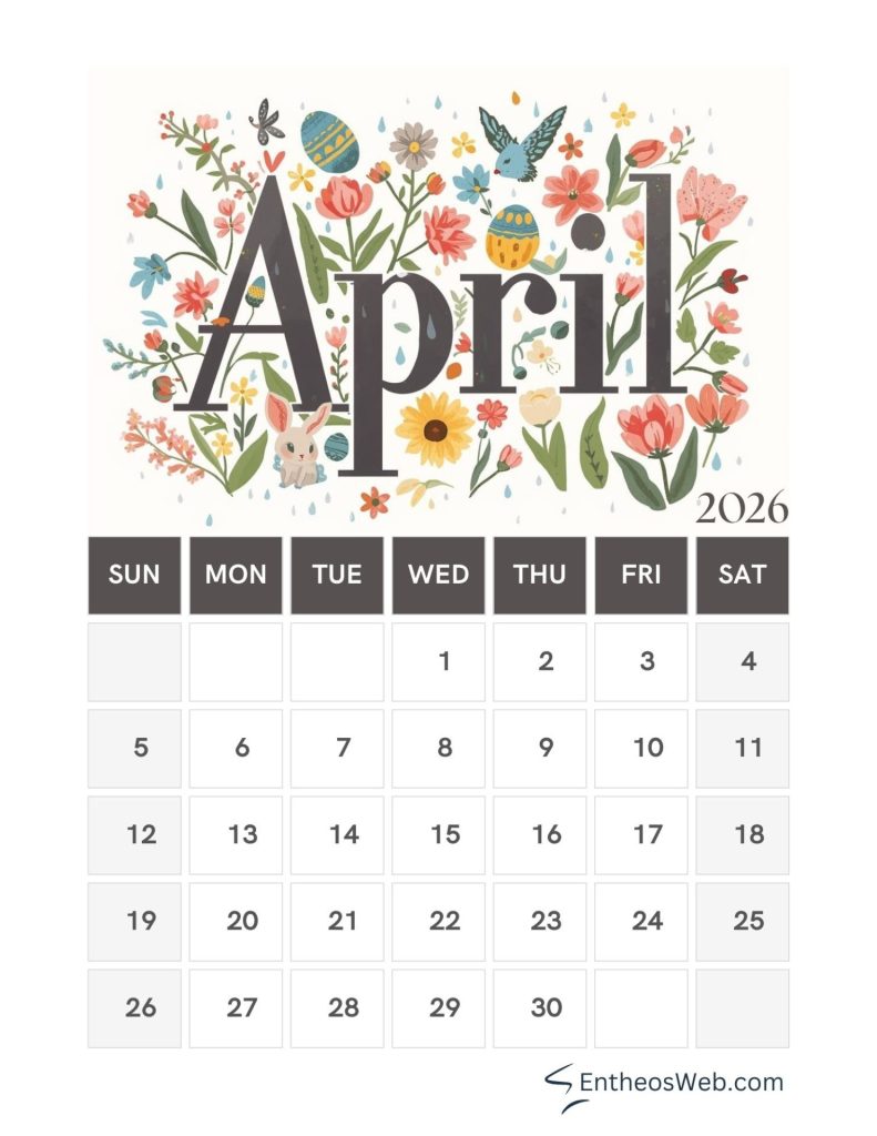 April printable calendar with spring and easter 2026