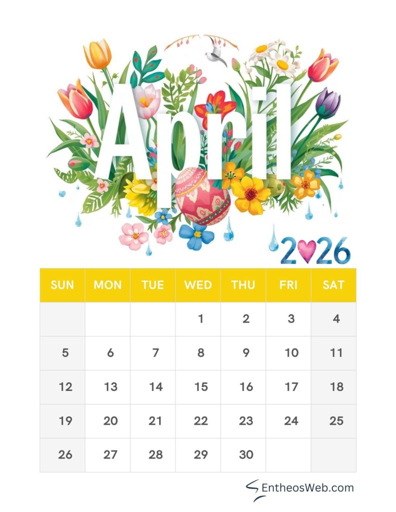 April printable calendar with spring flowers and easter eggs 2026