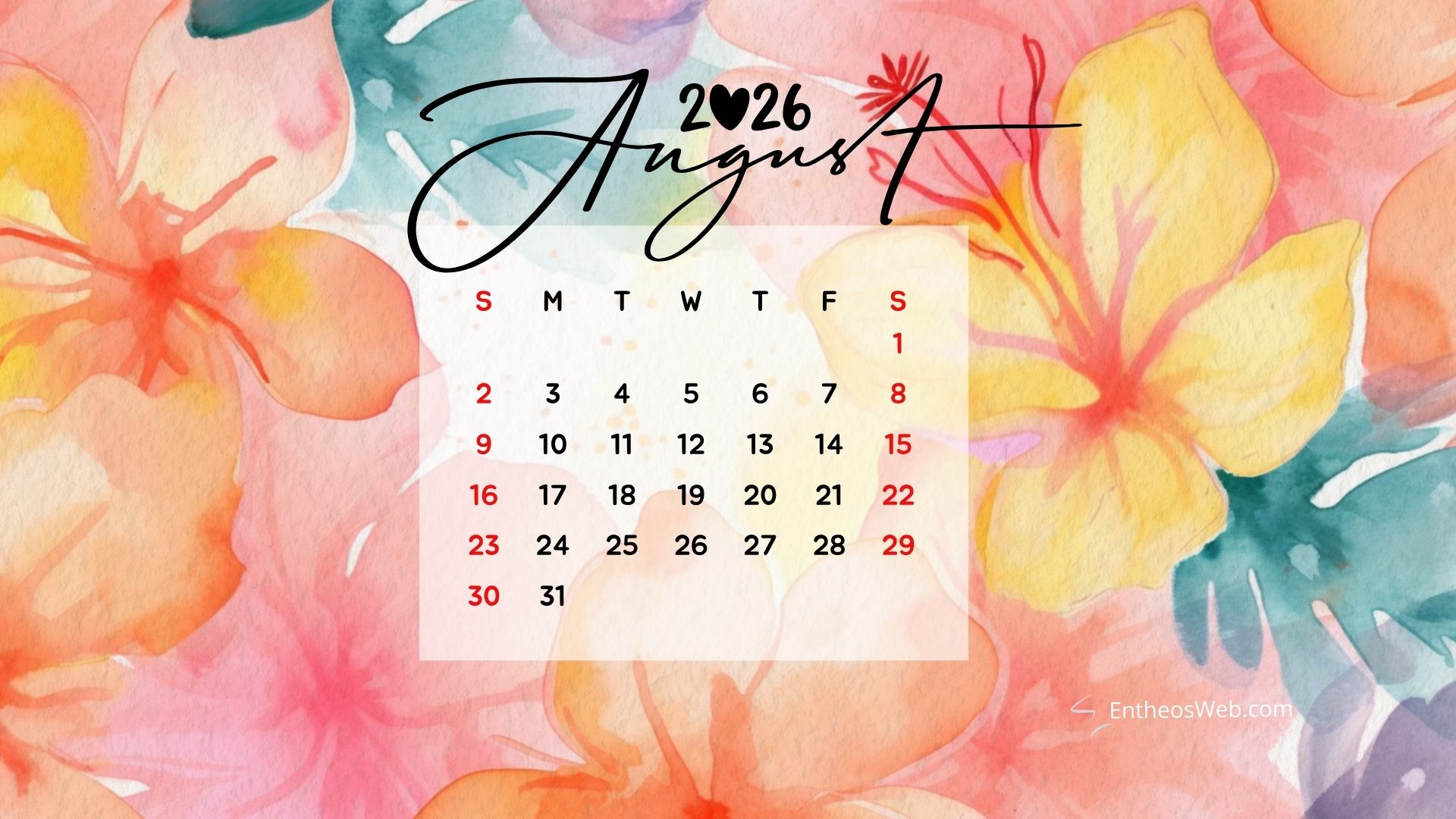 August 2026 calendar desktop wallpaper watercolor flowers | august 2026 desktop wallpaper calendar | entheosweb August 2026 calendar desktop wallpaper watercolor flowers