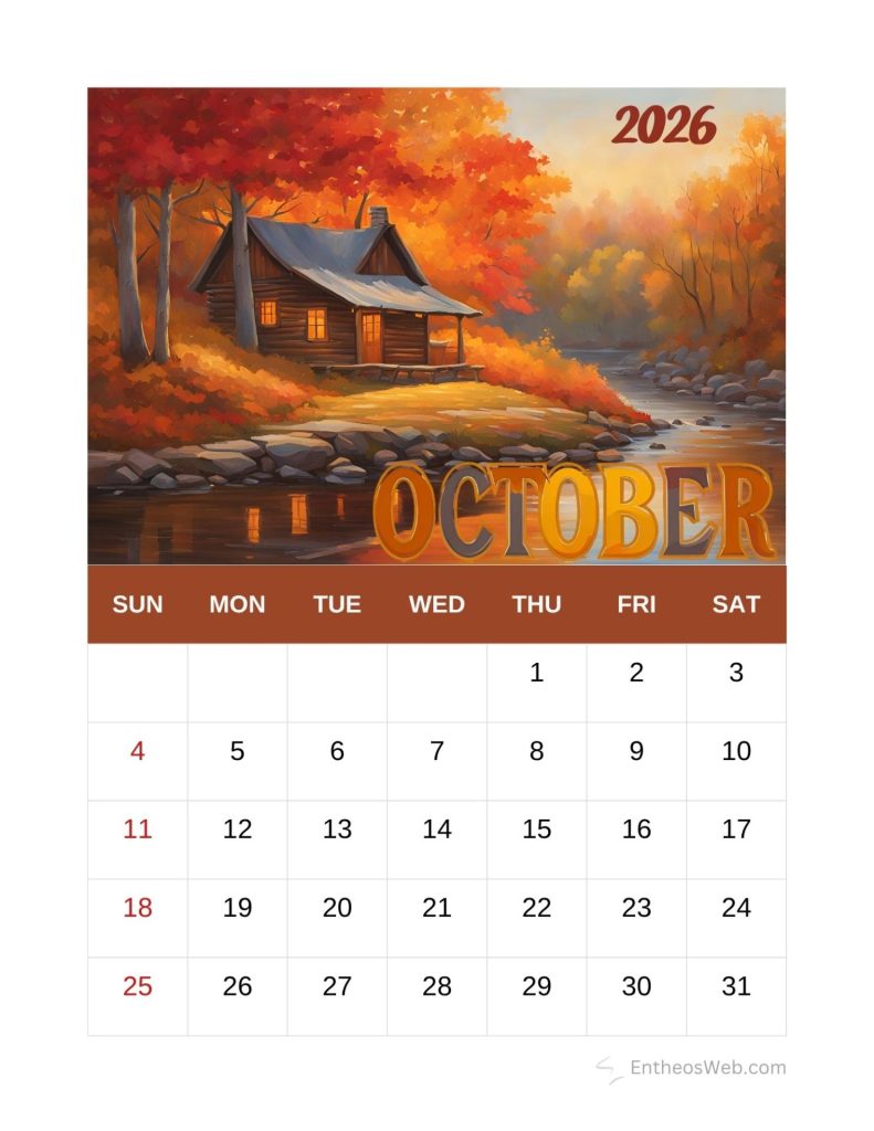 October 2026 calendar page with an autumn scene a cozy log cabin by a lake among orange red trees at sunsetmorning lightcalendar page for october 2026 showing a fall landscape with a cabin and autumn foliage by a river autumn printable october calendar 2026