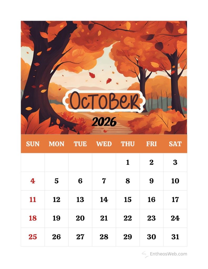 Autumn themed october 2026 calendar page with orange trees and a weekly grid Autumn printable october calendar 2026 2