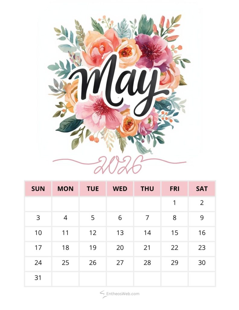 May 2016 calendar page with a colorful floral bouquet and pink header text reading may and 2016 Beautiful may floral pink printable calendar