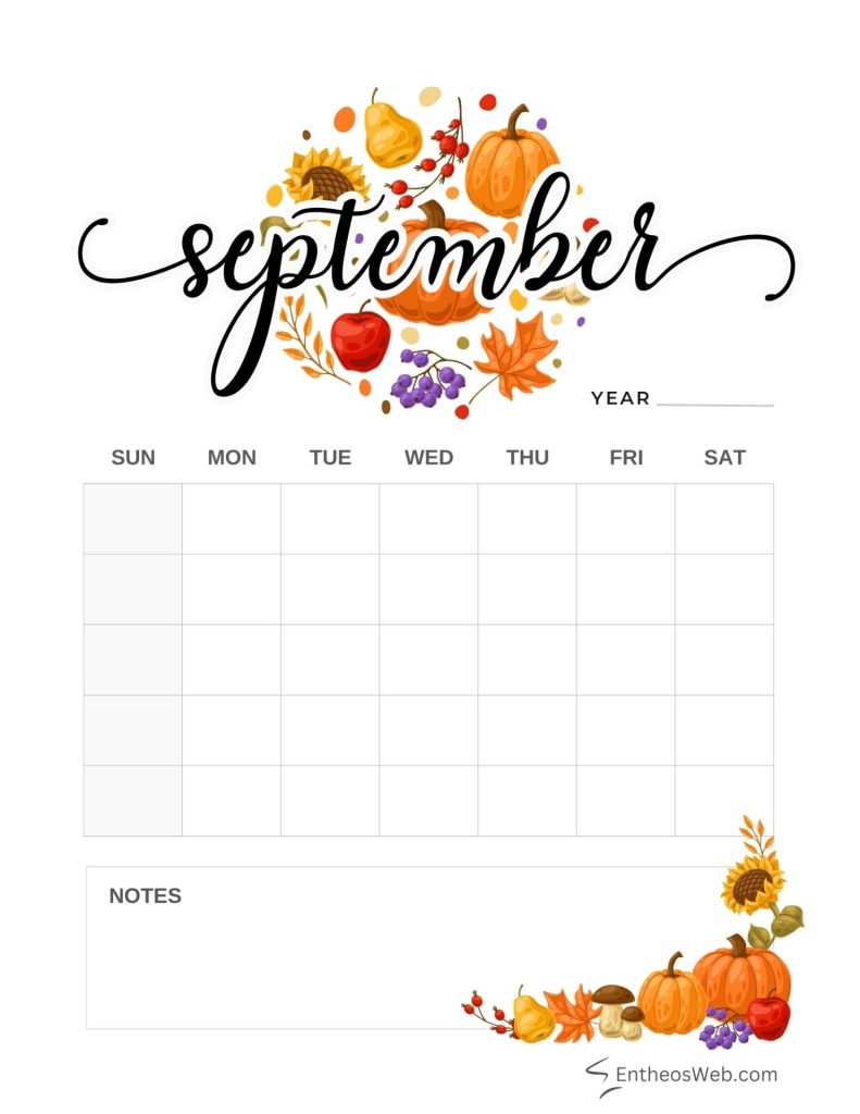 September blank calendar printables