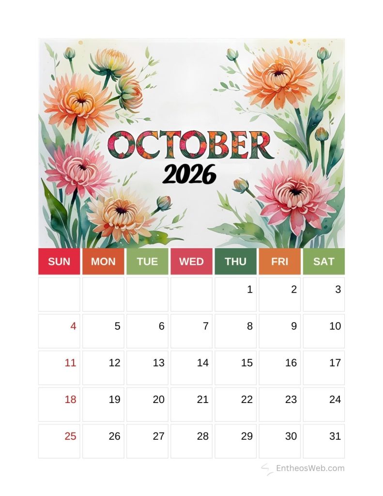 October 2026 calendar page with a colorful floral border surrounding the month title and grid of dates Chrysanthemums october calendar 2026 printable