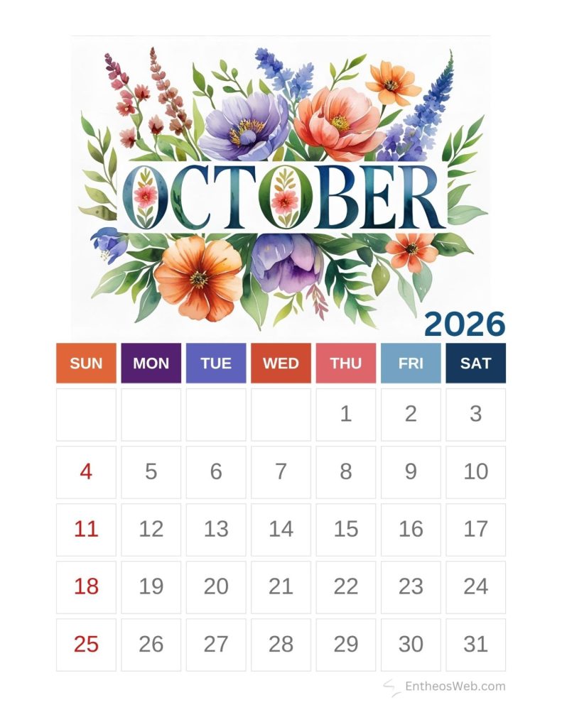 October 2026 calendar page with a vibrant floral banner and a grid of dates beneath the weekday row sunsat Colorful floral free printable october calendar 2026