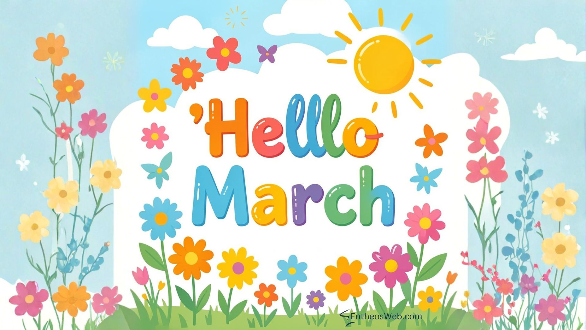 Colorful hello march with sun and flowers desktop wallpaper | hello march images wallaper backgrounds facebook covers | entheosweb Colorful hello march with sun and flowers desktop wallpaper