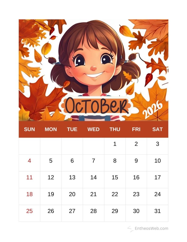 Cartoon girl with autumn leaves for october 2026 calendar header showing days of the week and date grid at bottom Cute girl printable october calendar 2026