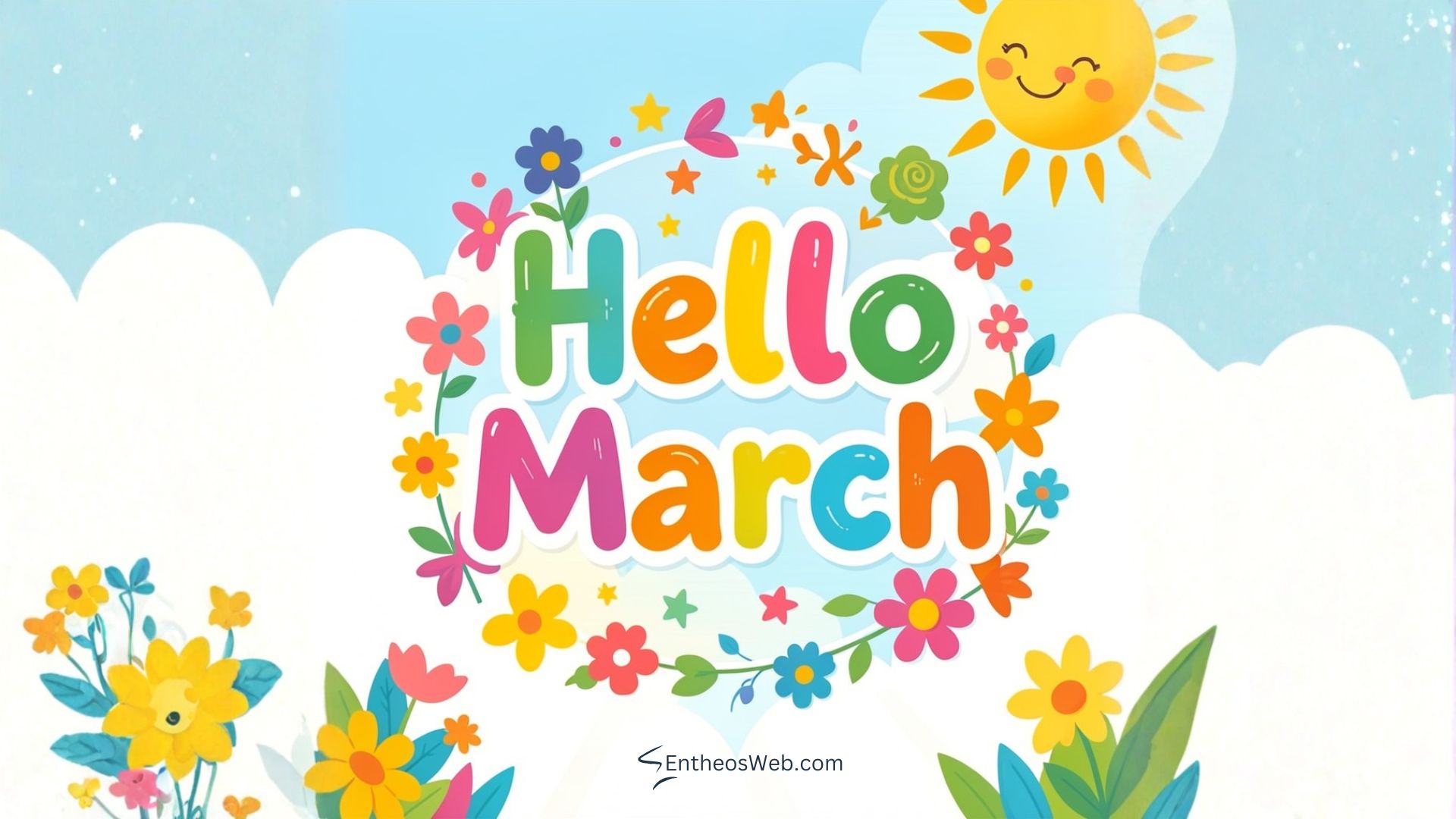 Cute hello march with sun and flowers desktop wallpaper | hello march images wallaper backgrounds facebook covers | entheosweb Hello march desktop wallpaper background
