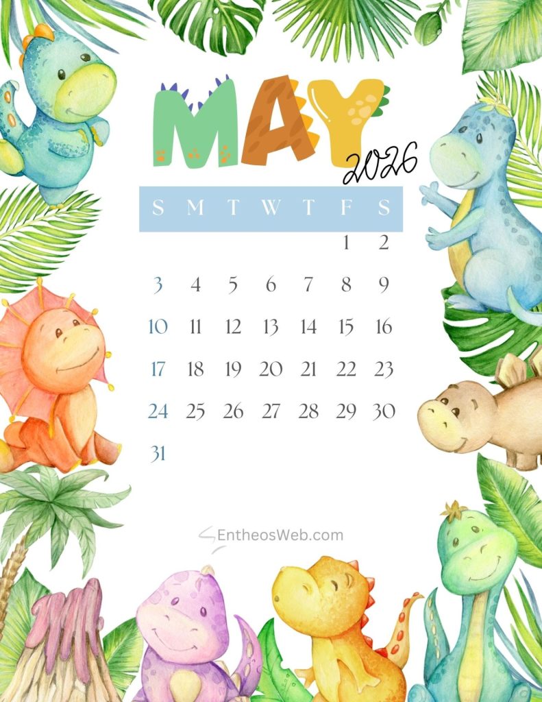 Colorful may 2026 calendar with a blue day row surrounded by friendly dinosaurs and jungle leaves Cute may calendar 2026 free printable dinosaurs entheosweb