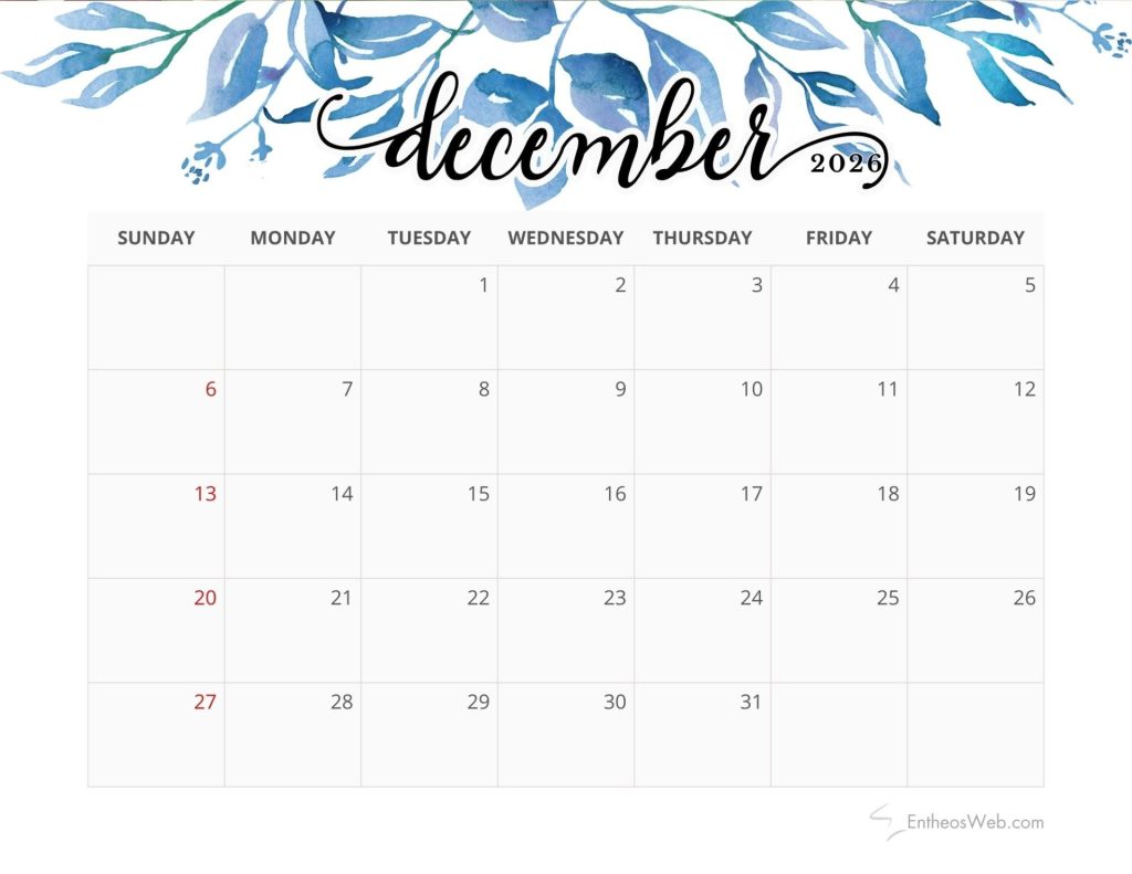 December 2026 calendar blue leaves 8
