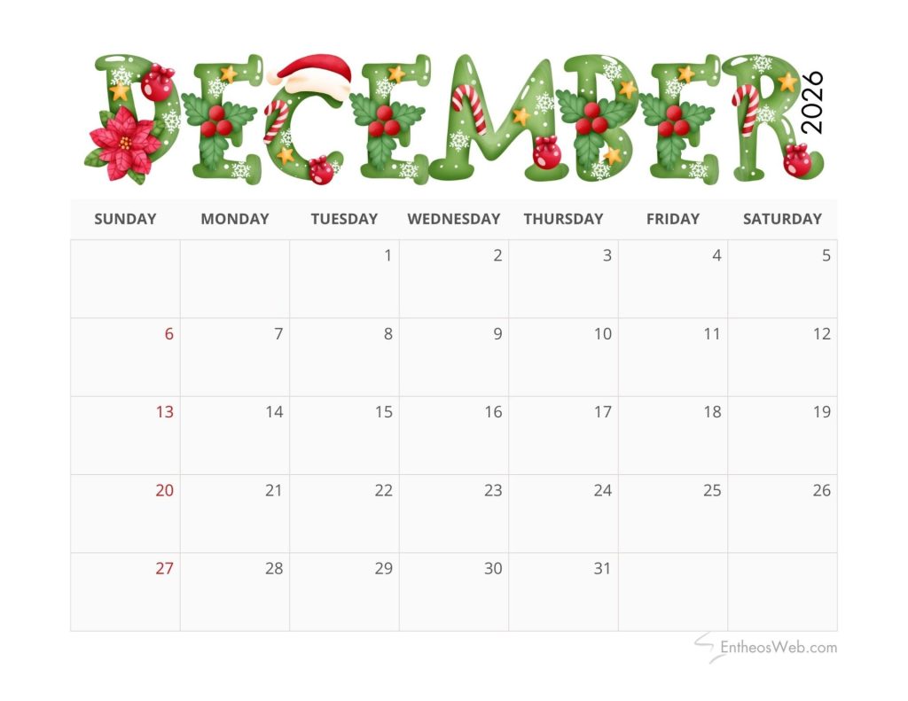 December 2026 calendar christmas alphabets 9