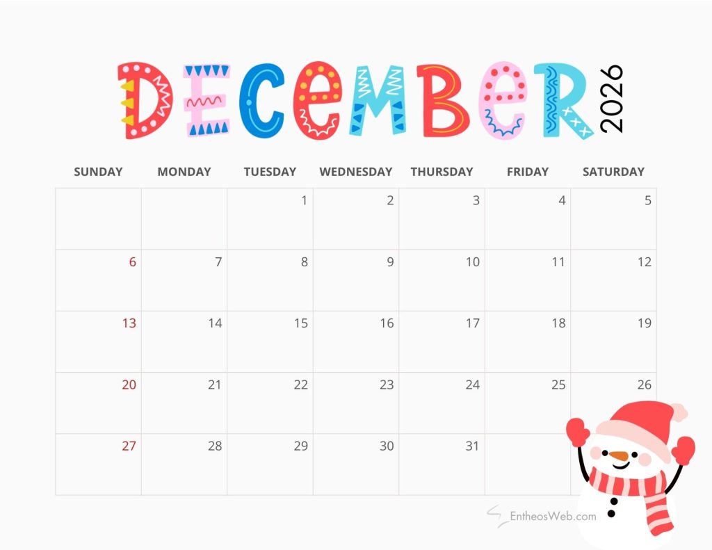 December 2026 calendar colorful 13