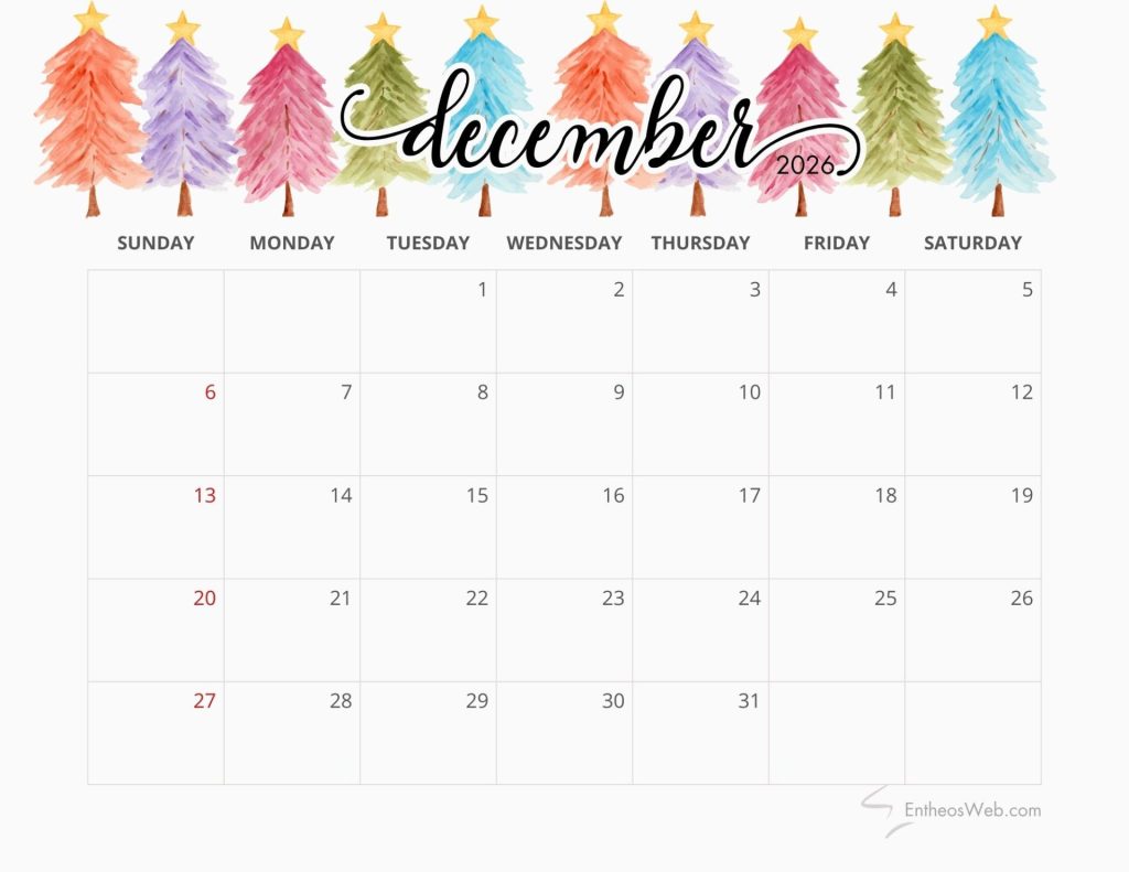 December 2026 calendar colorful christmas trees 1