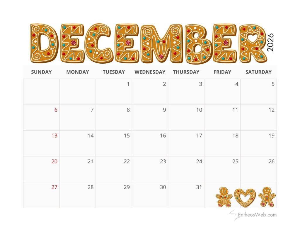December 2026 calendar cookie alphabets 12