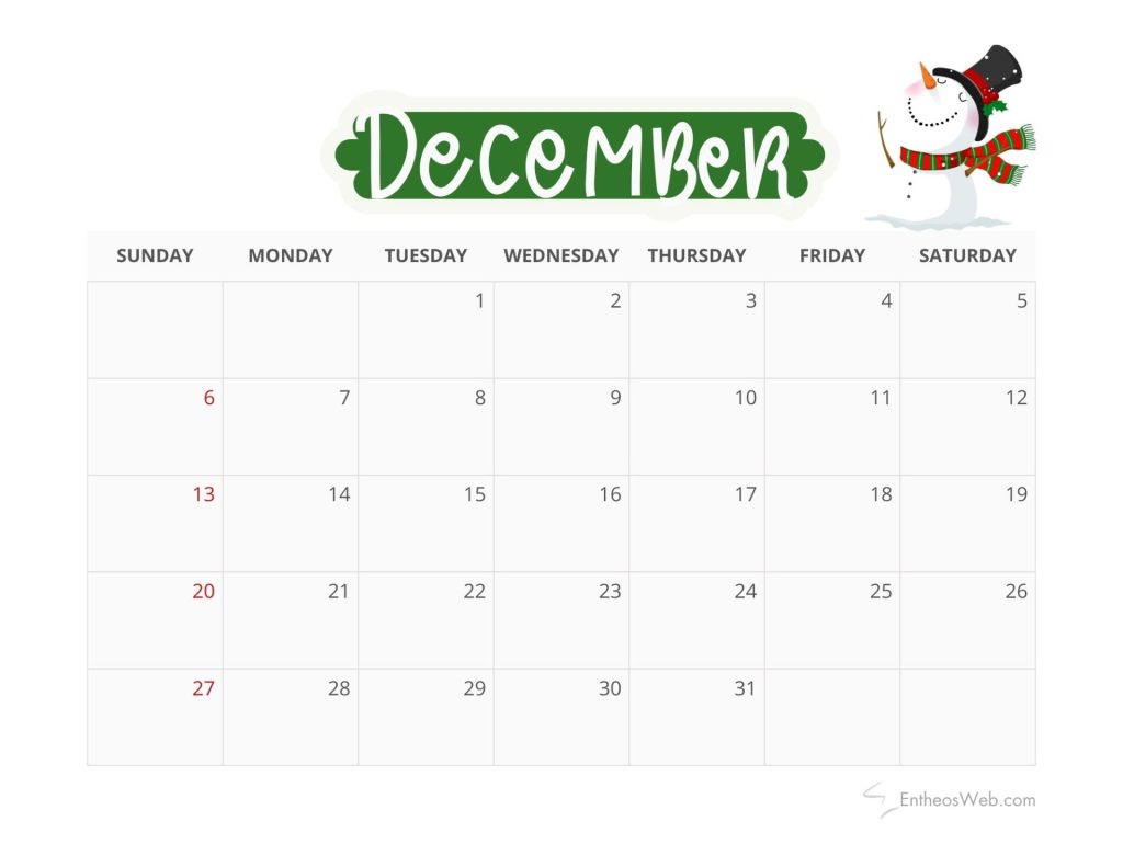 December 2026 calendar happy snowman 10
