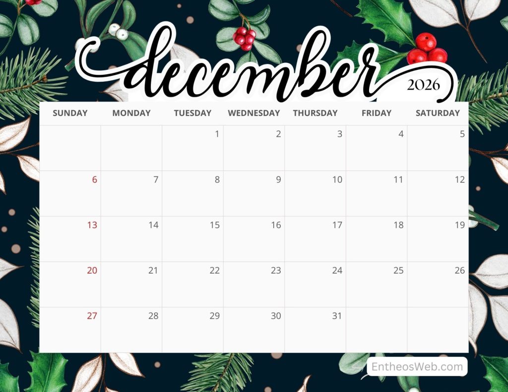 December 2026 calendar holly by entheosweb 17